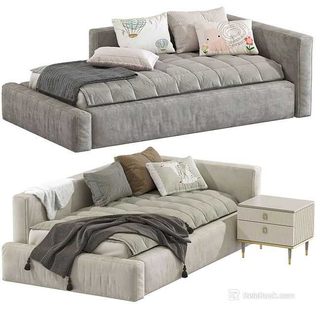 Cozy Modern Kids Bed With Soft Blanket Decorative Pillows And Side Nightstand 3d model 