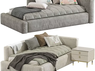 Cozy Modern Kids Bed With Soft Blanket Decorative Pillows And Side Nightstand 3d model
