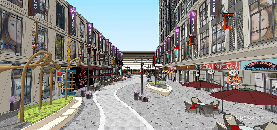 Vibrant Commercial Street With Purple Signs Outdoor Seats Street Lamps And Stone Pavement 3d model 