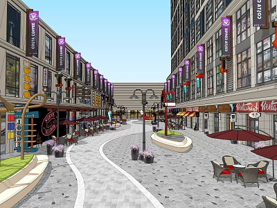 Vibrant Commercial Street With Purple Signs Outdoor Seats Street Lamps And Stone Pavement 3d model