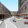 Vibrant Commercial Street With Purple Signs Outdoor Seats Street Lamps And Stone Pavement