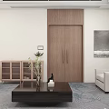 Hotel Public Lounge Area With Beige Sofas Black Coffee Table Cityscape Painting And Green Plants