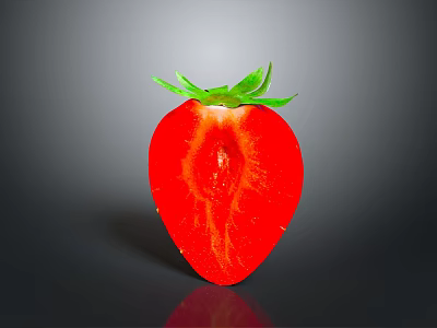 Fresh cut strawberry with red flesh and green leaves on dark reflective surface 3d model