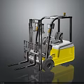 Yellow And White Industrial Forklift With Metal Forks And Driver Cab