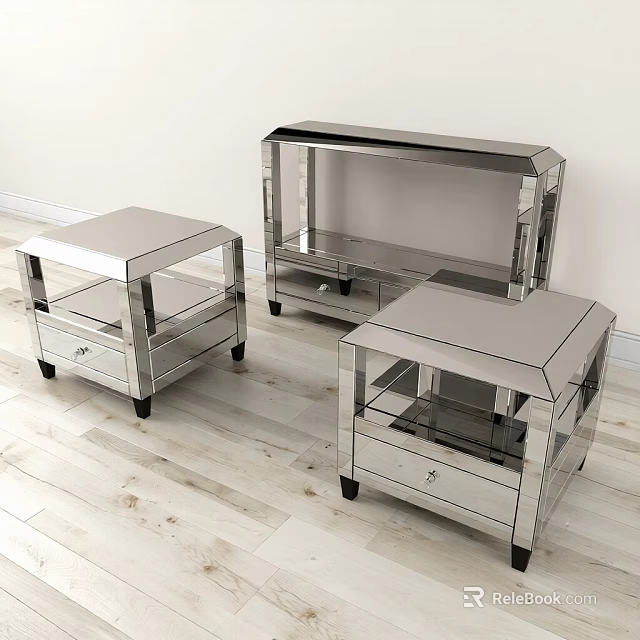 Modern Mirrored Console Table And Side Cabinet With Storage Drawers And Glass Shelves 3d model 