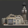 Cartoon Style Building Scene With Tower Runway Wooden Roof Warning Signs And Red Equipment