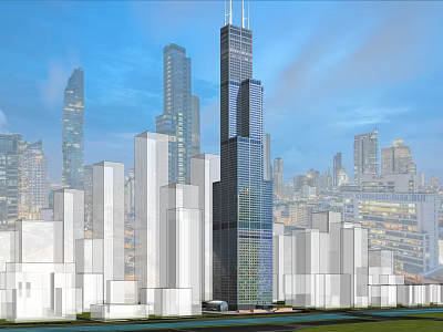 Modern Urban Skyline With Tall Skyscrapers Blue Sky And Green Spaces 3d model