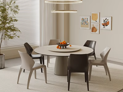 Modern Minimalist Round Dining Table Set With Mixed Color Chairs Fruit Bowl And Wall Art 3d model