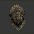 Ancient Decorative Helmet With Intricate Golden Black Patterns And Eagle Ornament