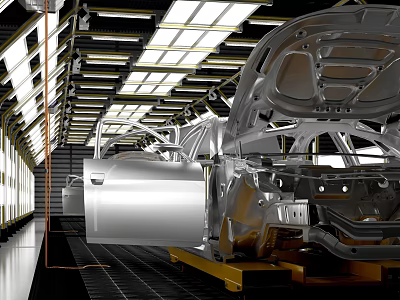 Car Manufacturing Production Line With Vehicle Body Frame And Factory Interior 3d model