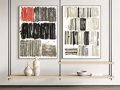 Modern Abstract Paintings Hanging on Wall with Wooden Shelf Vases and Decorative Bowl 3d model