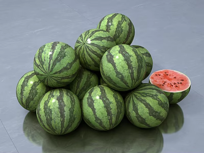 Fresh Ripe Watermelons Pile With Sliced Red Flesh And Black Seeds 3d model
