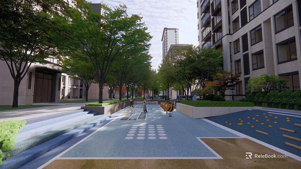 Outdoor Children's Play Area With Colorful Ground Design Trees Pathways And Buildings 3d model 