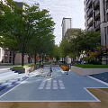 Outdoor Children's Play Area With Colorful Ground Design Trees Pathways And Buildings