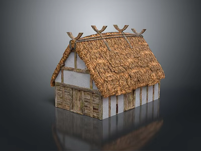 Traditional Rustic Thatched House With Wooden Frame White Walls And Thatch Roof Design 3d model