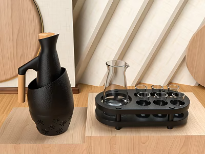 Elegant Black Wine Bottle With Wooden Handle And Wine Glass Holder On Wooden Surface 3d model
