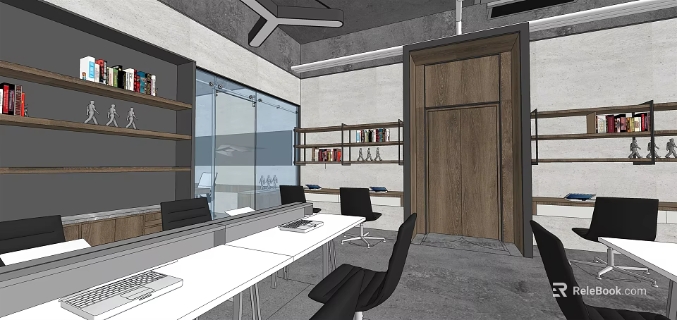 Public Office Space With White Desks Black Chairs Bookshelves And Glass Partitions 3d model 