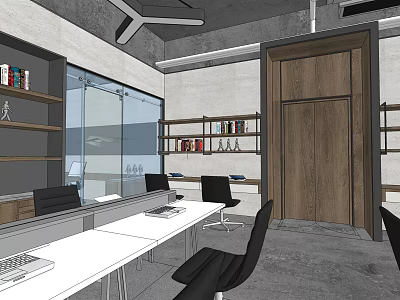 Public Office Space With White Desks Black Chairs Bookshelves And Glass Partitions 3d model