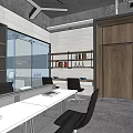 Public Office Space With White Desks Black Chairs Bookshelves And Glass Partitions