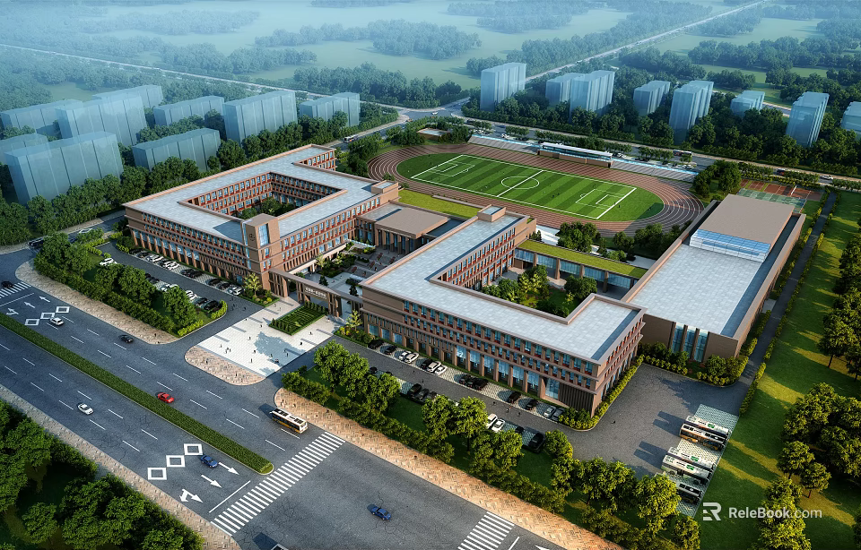 Red Brick School Building Complex With Football Field Greenery Parking Areas And Surrounding Roads 3d model 