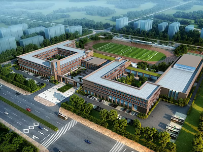 Red Brick School Building Complex With Football Field Greenery Parking Areas And Surrounding Roads 3d model