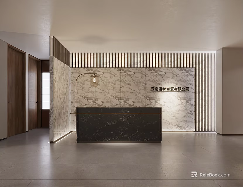 Modern Reception Area With Marble Wall And Black Desk Elegant Lighting 3d model 