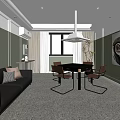 Hotel Mahjong Room With Green Walls Black Leather Sofa Hanging Lamp Dining Table And Chairs 3d model