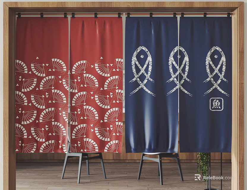 Red Fan Pattern and Blue Fish Design Curtains in Indoor Space with Wooden Floor 3d model 