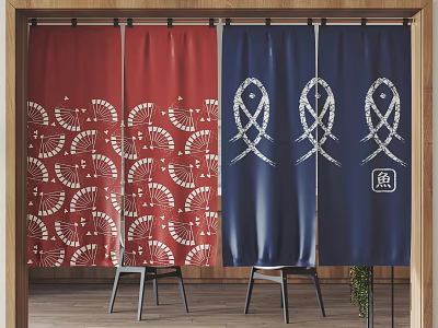 Red Fan Pattern and Blue Fish Design Curtains in Indoor Space with Wooden Floor 3d model