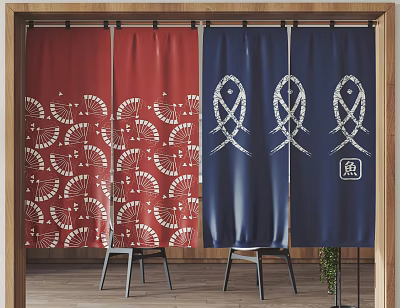Red Fan Pattern and Blue Fish Design Curtains in Indoor Space with Wooden Floor 3d model