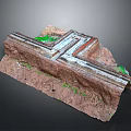 Architectural 3D Model Showing Underground Structure With Earth And Green Vegetation