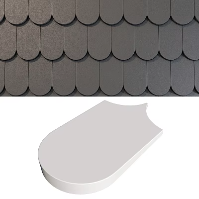 Design And Structure Of Gray Scalloped Roof Tiles With White Decorative Plaque 3d model