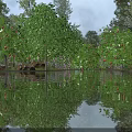 Vibrant Garden Landscape With Lush Green Trees Fruits And Clear Water Reflection
