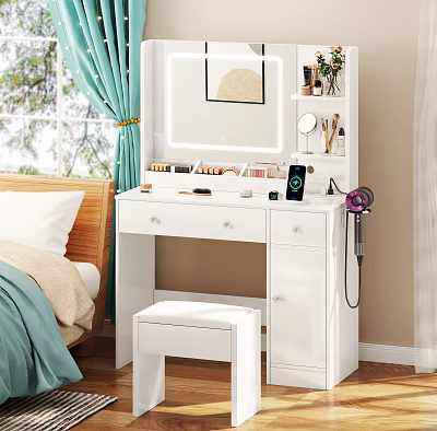 Modern Bedroom Interior With White Dressing Table Lighted Mirror Stool And Green Curtains 3d model