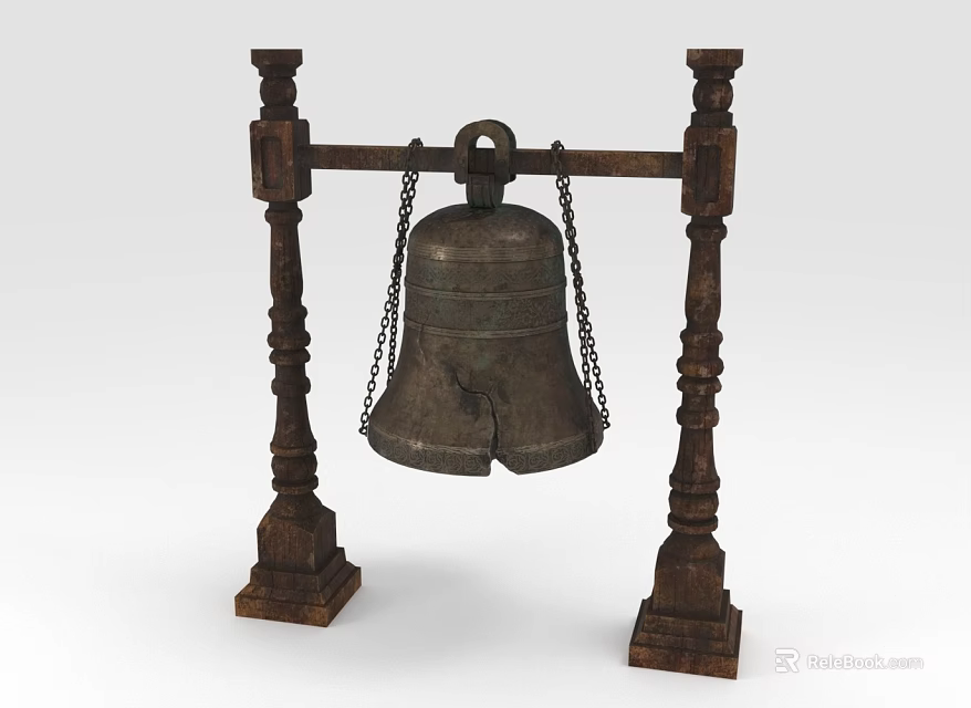 Ancient Bronze Bell Hanging On Wooden Stand With Carved Legs And Chains 3d model 