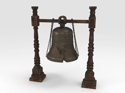 Ancient Bronze Bell Hanging On Wooden Stand With Carved Legs And Chains 3d model