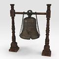 Ancient Bronze Bell Hanging On Wooden Stand With Carved Legs And Chains