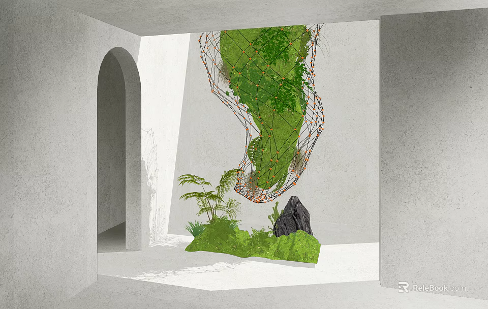 Art Installation Featuring Hanging Green Plants Net Structure Stone And Archway In Indoor Space 3d model 