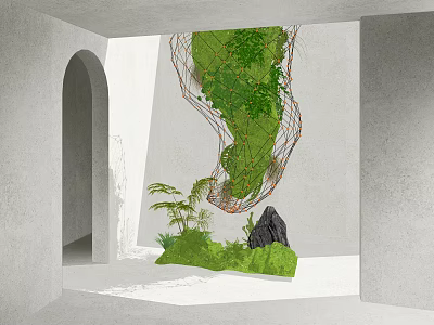 Art Installation Featuring Hanging Green Plants Net Structure Stone And Archway In Indoor Space 3d model
