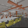 Modern Food Court Interior With Food Display Screens Counter Dining Tables And Bright Lighting