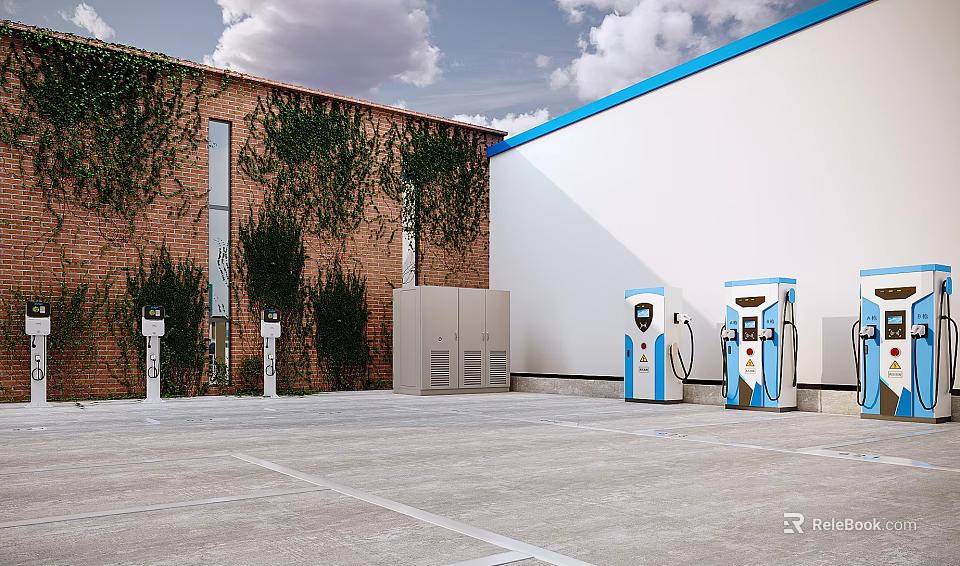 Electric Vehicle Charging Stations In Parking Lot With Red Brick Building And Green Vines 3d model 