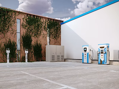 Electric Vehicle Charging Stations In Parking Lot With Red Brick Building And Green Vines 3d model