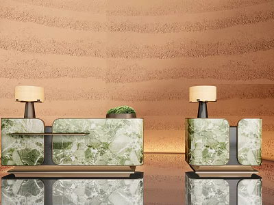 Luxury Green Marble Reception Desk With Stylish Table Lamps And Potted Plant For Elegant Lobby 3d model