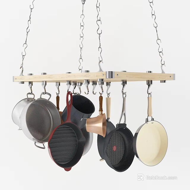Hanging Cookware Rack With Wooden Frame And Various Cooking Pans 3d model 