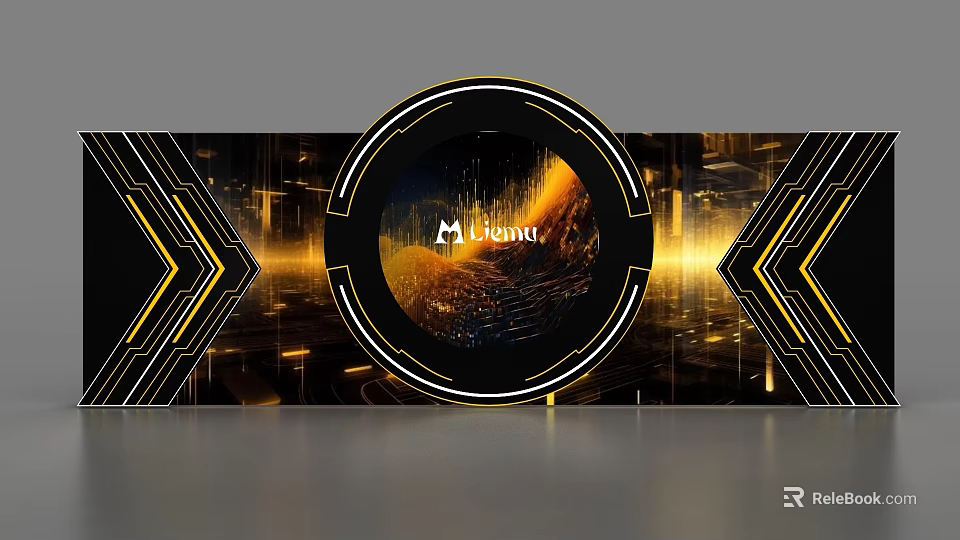 Tech Inspired Background Wall With Gold Black Circular Design And Hisense Logo 3d model 