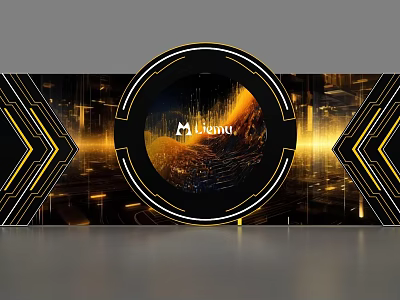 Tech Inspired Background Wall With Gold Black Circular Design And Hisense Logo 3d model
