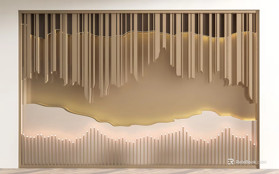 Modern Elegant Wooden Partition with Vertical Slats and Wavy Decorative Design 3d model 