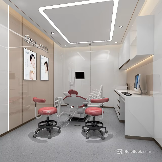 Modern Dental Clinic Interior With Red Stools Dental Chair White Cabinets And Computer 3d model 