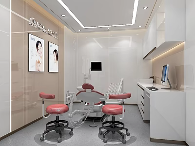 Modern Dental Clinic Interior With Red Stools Dental Chair White Cabinets And Computer 3d model
