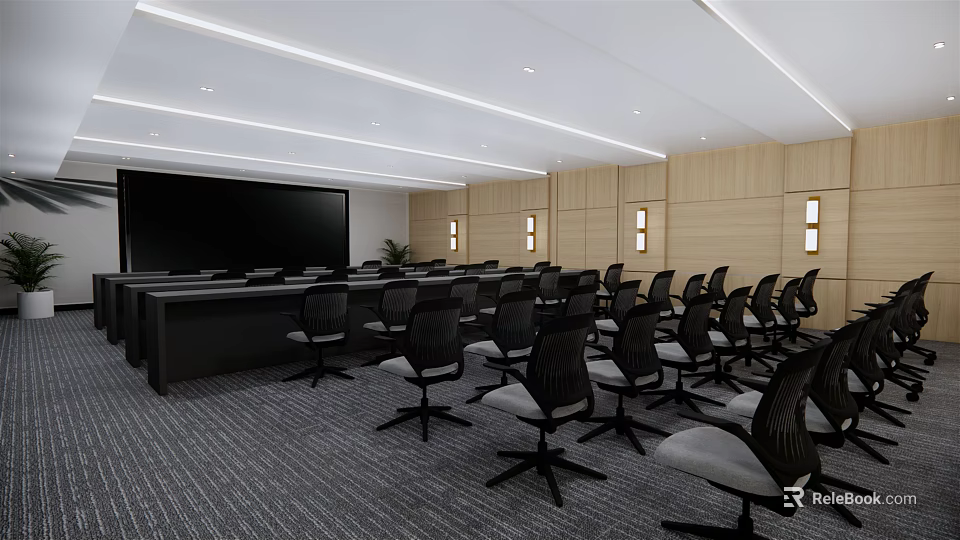 Conference Room Interior With Black Screen Wooden Walls Rows Of Black Chairs And Gray Carpet 3d model 